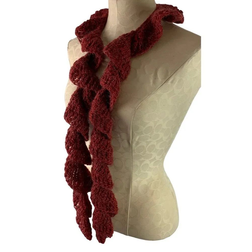 Flounce Crochet‎ Ruffle Scarf Dark Red Fuzzy 57